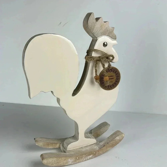 11.5”tall wooden chicken beige and white FARMHOUSE DECOR ON A ROCKING BASE - Picture 8 of 8